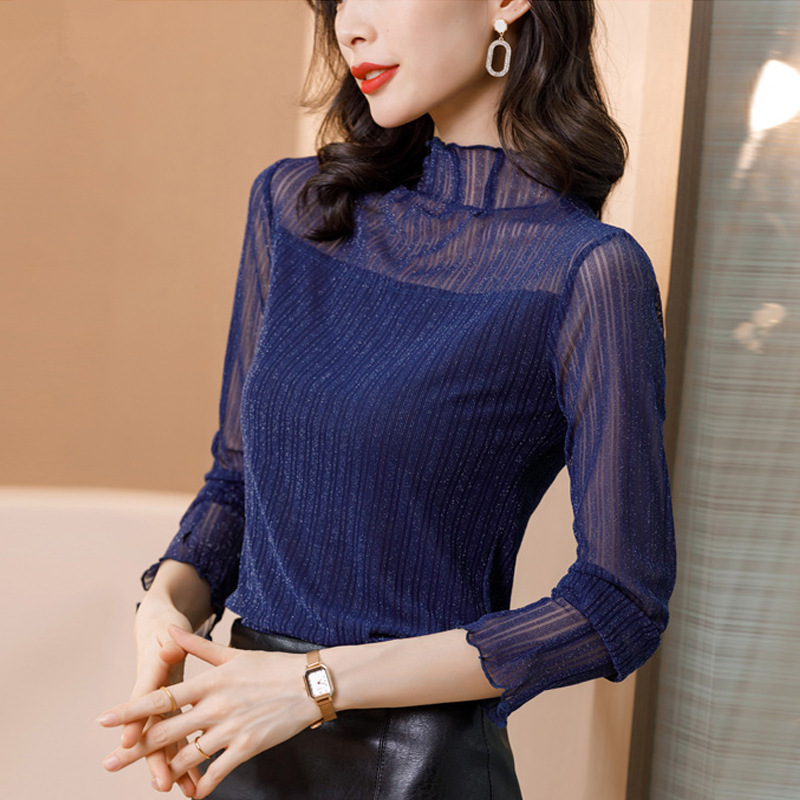 Autumn and Winter New Women's Top Chiffon Mesh Inner Elegant Fashionable High Neck Long Sleeve Bright Silk Lace Base Shirt