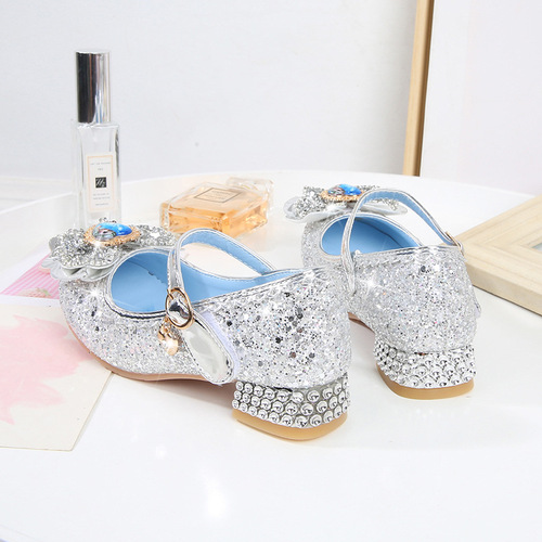Princess Elsa Bow Children's Shoes for Girls Autumn Korean Fashion Crystal Sequin Single Shoes with Low Heels for Girls