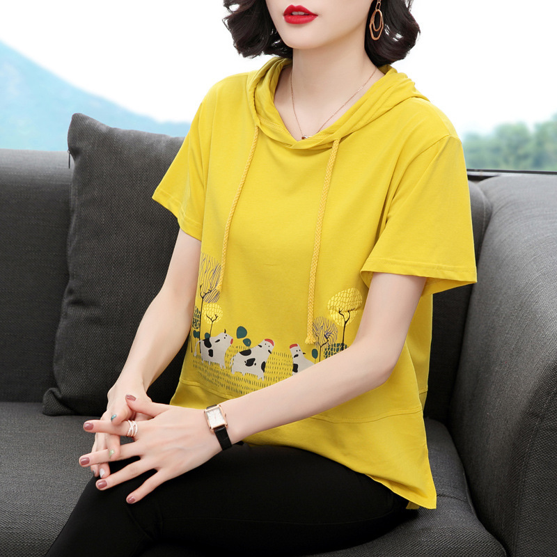 New Cotton Hoodie Collar Loose Short-sleeved T-shirt Women's Casual Printed Summer Slimming Elegant Sweater Hoodie New Cotton Hoodie Collar Loose Short-sleeved T-shirt Women's Casual Printed Summer Slimming Elegant Sweater Hoodie