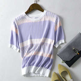 韩版ins学生女装夏季冰丝针织衫短袖t恤 女条纹宽松撞色体恤上衣