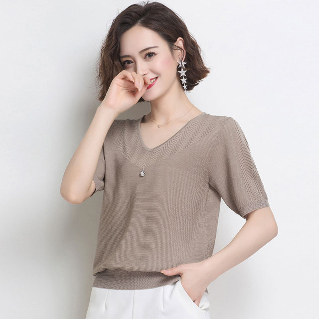 Ice silk T-shirt short sleeve T-shirt women’s summer loose thin hollow women’s T-shirt V-neck top