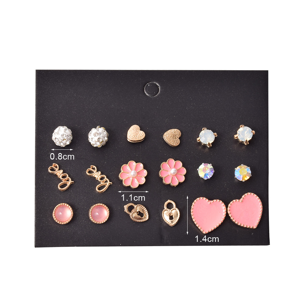 Alloy Pink Peach Heart Diamond 9 Pairs Set Earrings display picture 5