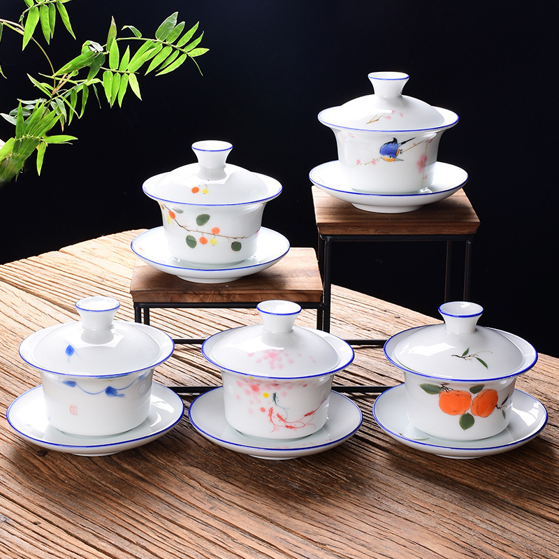 Cubierta pintada a mano Tazón Taza de té de cerámica juego de té de Kung Fu hogar tamaño pequeño Tazón de té Taza blanca tostada de porcelana Taza de té de tres piezas cubierta Tazón