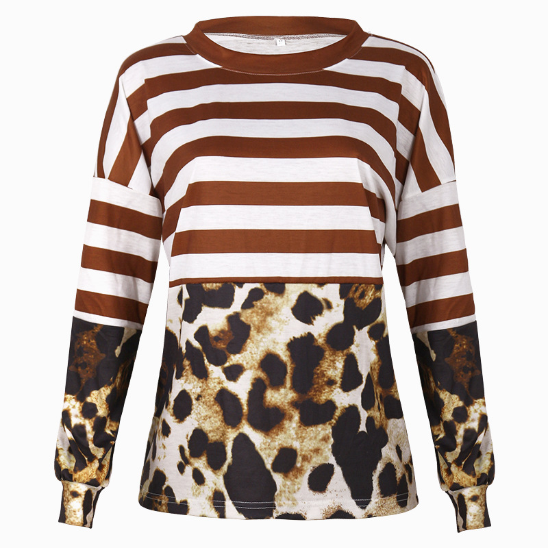 leopard print long-sleeved round neck top T-shirt NSKX5941