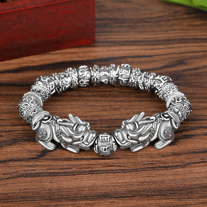 Imitation S925 sterling silver beads Bracelet Men's six-character mantra obsidian lucky Thai silver jewelry vintage gift Imitation S925 sterling silver beads Bracelet Men's six-character mantra obsidian lucky Thai silver jewelry vintage gift