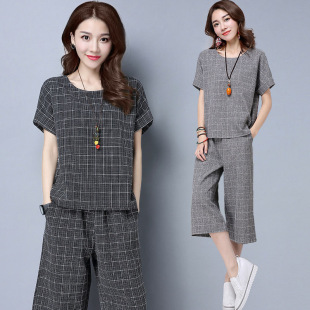 Retro trousers, T-shirt, set, plus size, loose fit, with short sleeve