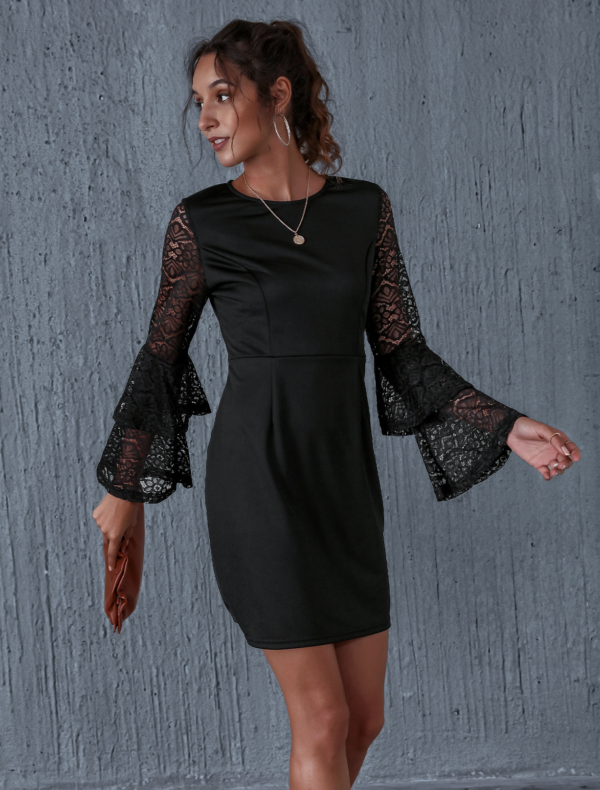  Lace Trumpet Sleeve Long Sleeve Dress  NSAL1913