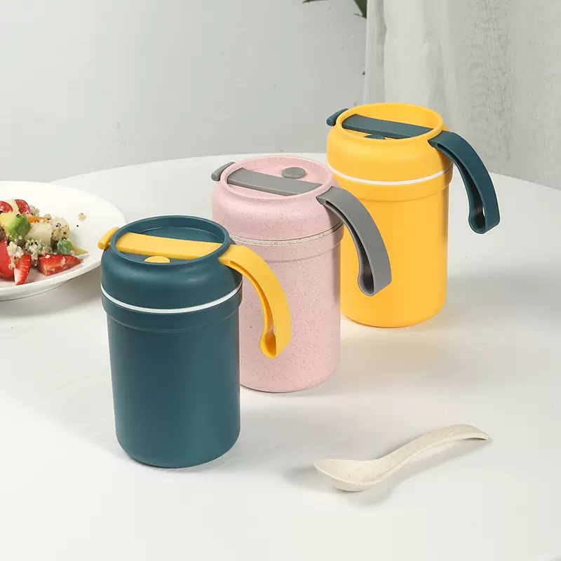 儿童日式早餐汤杯 成人时尚手提密封防漏带汤勺塑料杯随手杯批发