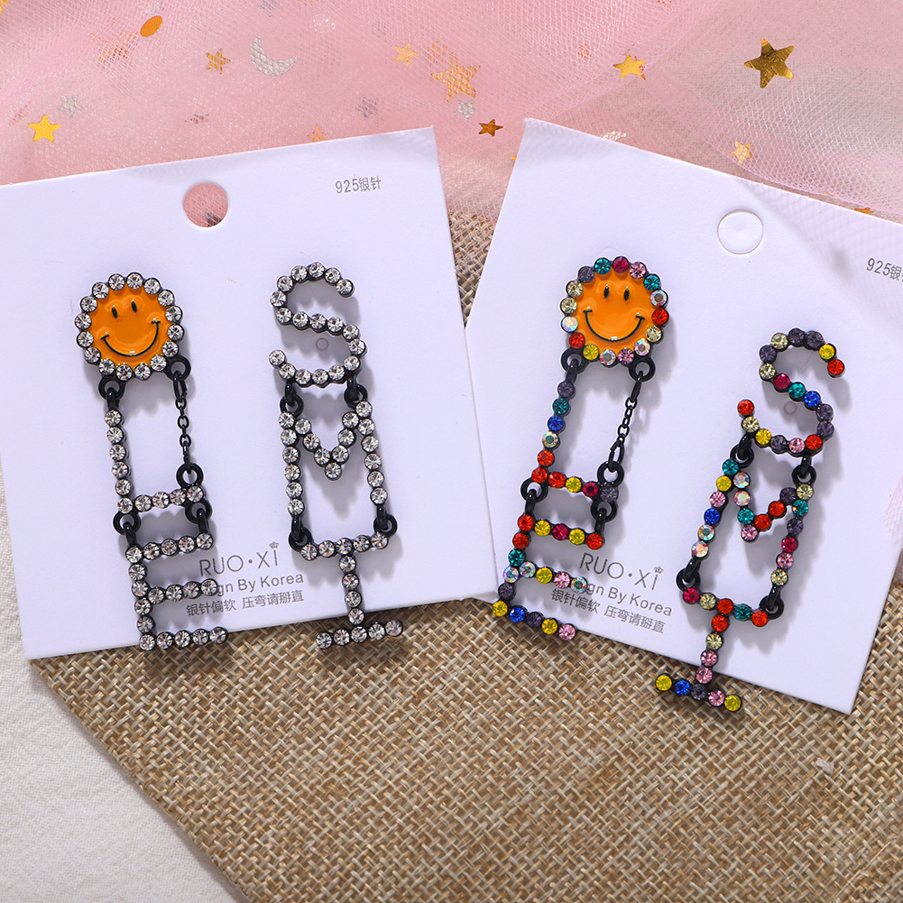 Korean New Fashion Creative Letters Exquisite Diamond Smiley Earrings Women display picture 3