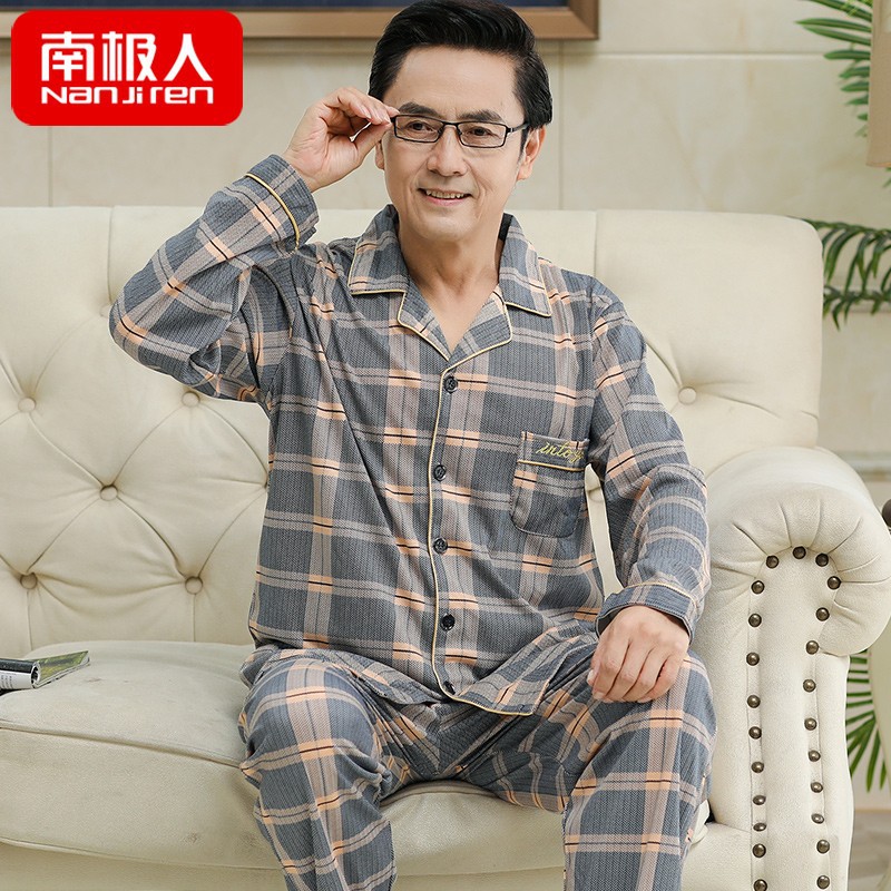 Primavera y otoño pijamas hombres de mediana edad papá cardigan 100% algodón de manga larga de los hombres mayores pijamas más tamaño ropa de casa