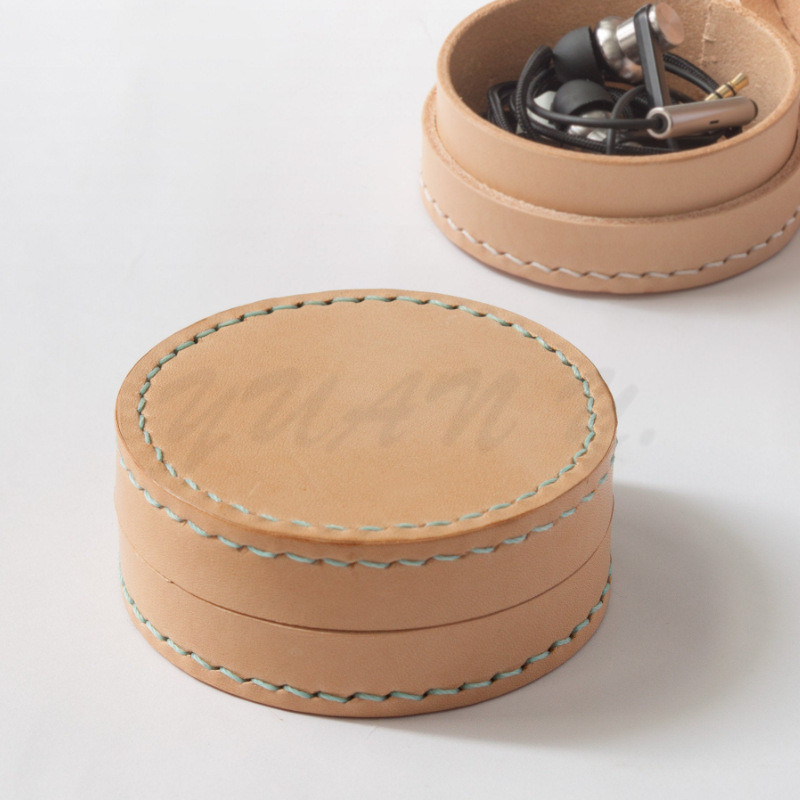 INS风皮革圆形耳机收纳盒 小件简约首饰盒 数据线包装收纳包