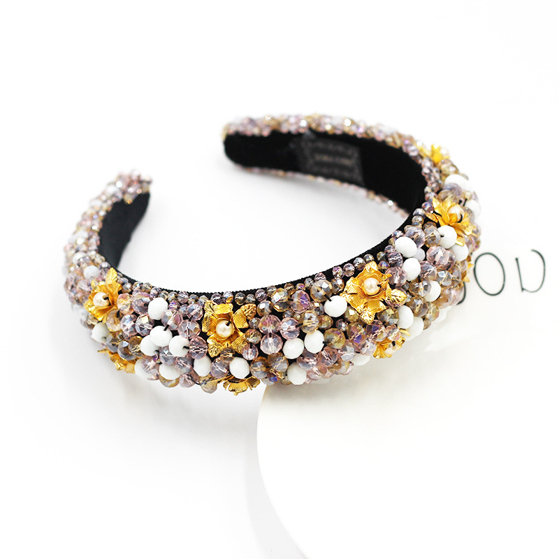 Mode Barock Kristall Perlen Verdickt Schwamm Gold Seide Handgemachtes Perlen Stirnband Weiblich Mit Perlen Eingelegte Blumen Stirnband display picture 7