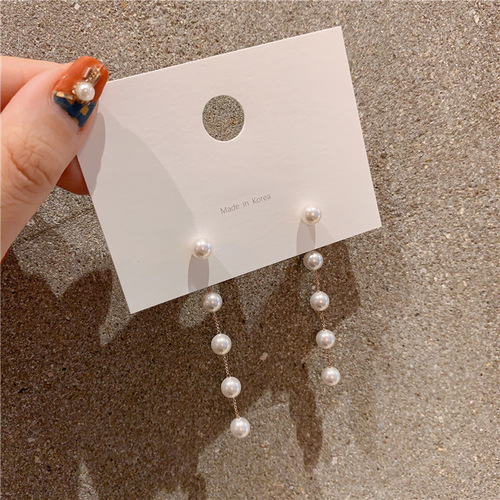 Korean version S925 silver needle earrings, fashion internet celebrity ins temperament pearl earrings, chain long tassel earrings