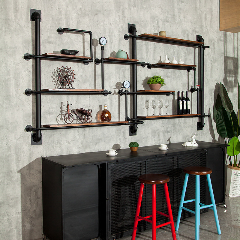 鐵藝水管複古牆上工業風置物架牆面裝飾隔板創意酒架實木壁挂書架