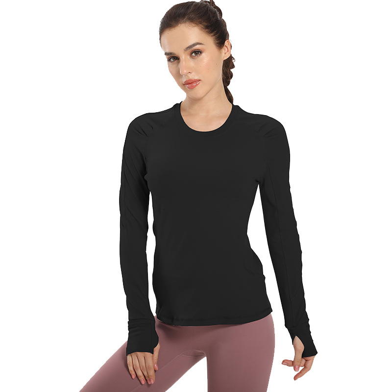 一件代发纯色紧身长袖修身瑜伽上衣女款运动衫跑步运动服