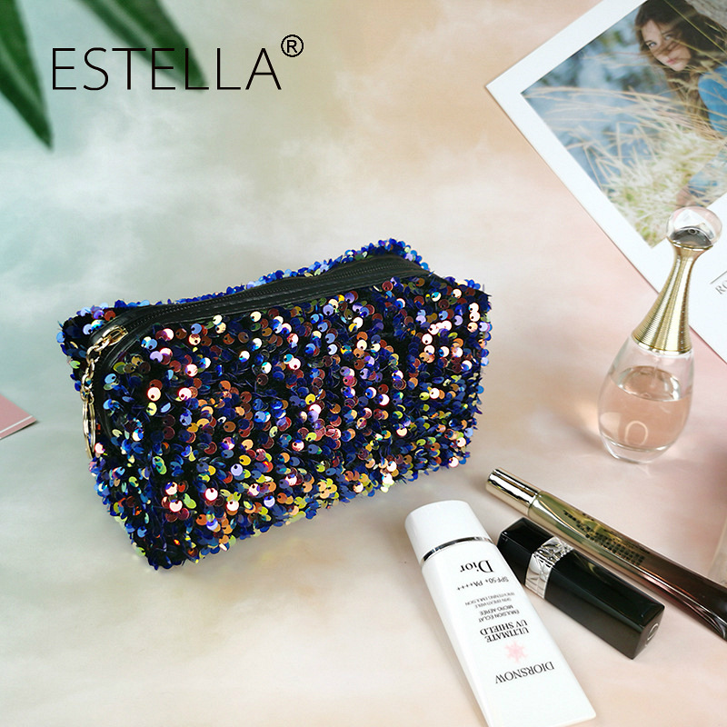 Bolsa de maquillaje de lentejuelas fabricada en fábrica para mujer, bolsa de almacenamiento de viaje INS, exquisita bolsa de aseo portátil de gran capacidad, estilo INS al por mayor