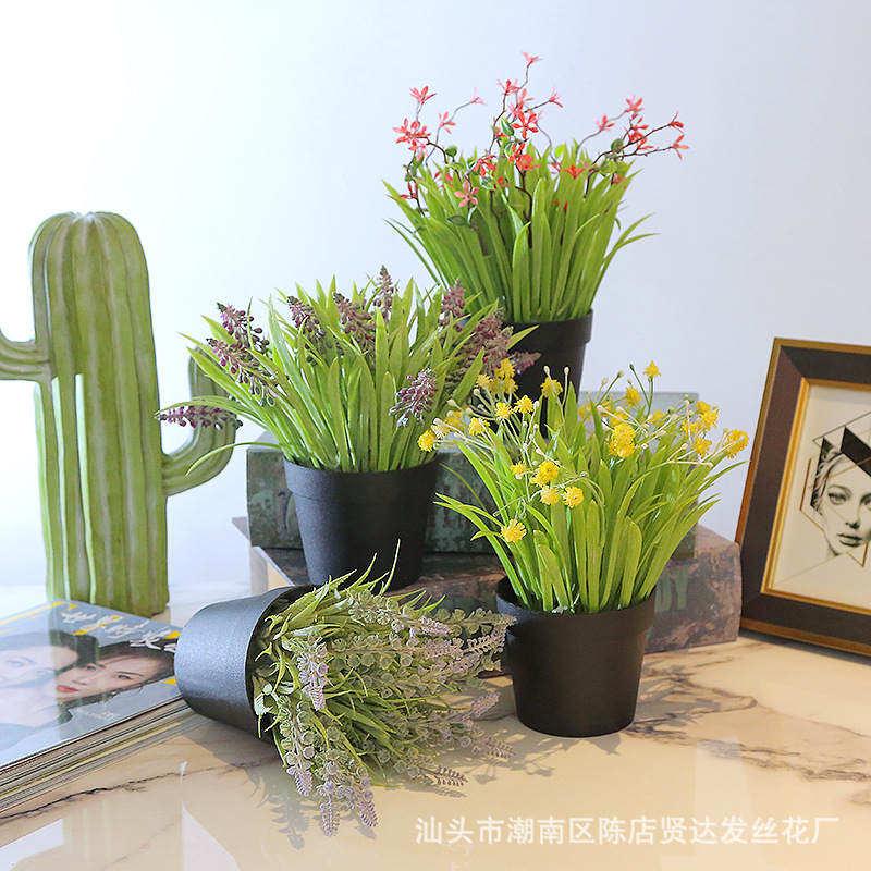 仿真盆景 植绒薰衣草 撒粉满天星 飘雪梅 跨境专供仿真花桌面摆设