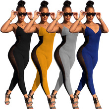 新款吊带连体裤F8288现货独立站热卖网纱坑条透气修身运动连体裤