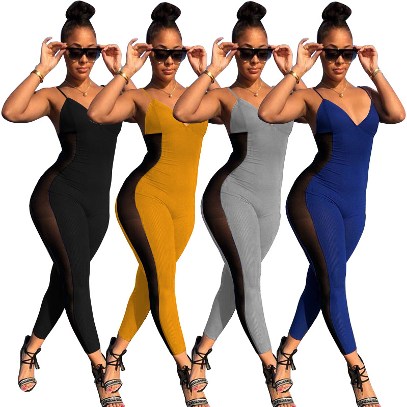 新款吊带连体裤F8288现货独立站热卖网纱坑条透气修身运动连体裤