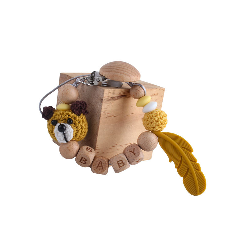 Nueva haya chupete clip bola de lana animal dibujos animados bebé nombre personalizado pluma silicona teether juguete molar