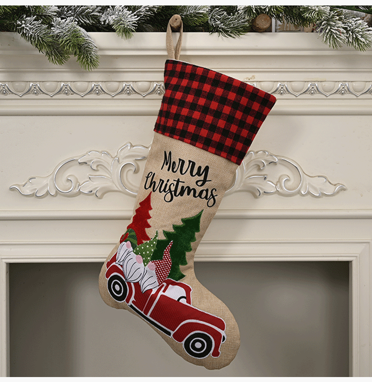 Christmas Decorations Linen Lattice Socks Gift Bag
