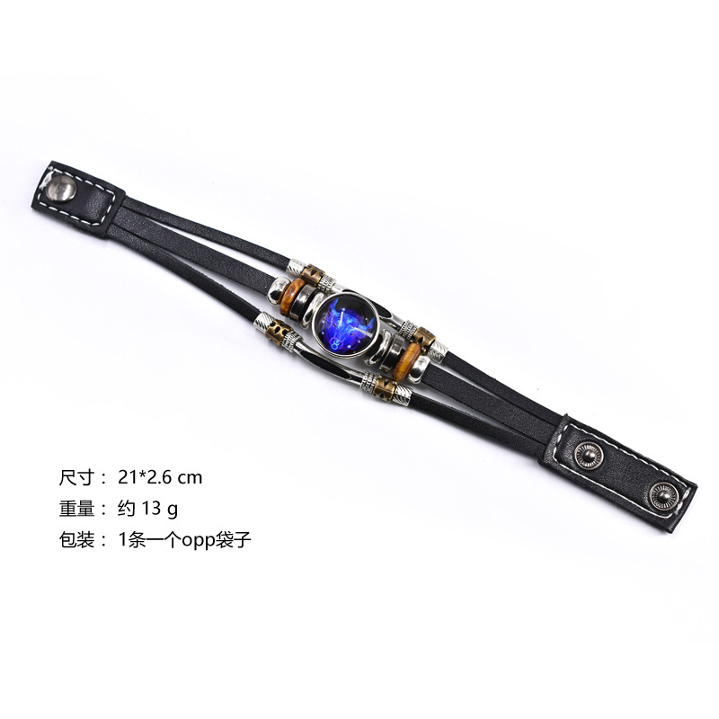 Retro doce signos del zodiaco luminoso pareja pulsera de cuero Estudiantes suministro de personalidad tres capas tejidas pulsera de cuero con cuentas