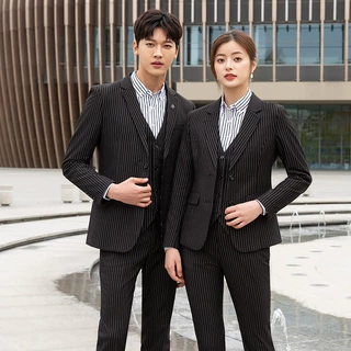 2020年新款时尚气质蓝色条纹西服套装房产销售男女职业套装工作服