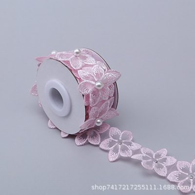 En stock 3,3 cm de una sola capa de flores bordadas de seis pétalos de flores orden perla encaje de organza de encaje ropa de falda de DIY