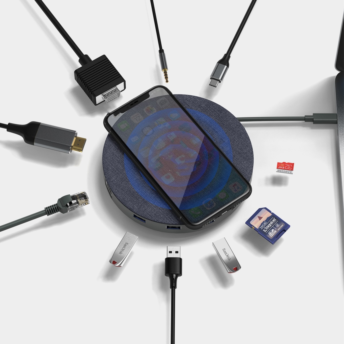 无线充电拓展坞 无线充电TYPE-C HUB 拓展坞 11合1拓展坞无线充电|ms