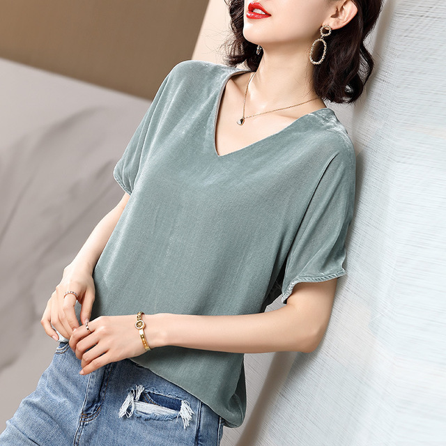 Real velvet shirt women’s European and American fashion V-neck short sleeve loose silk velvet top