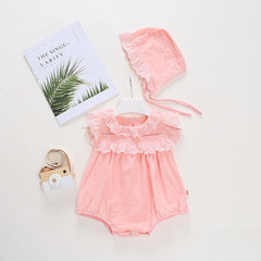 Baby Girl's Summer Thin-Sleeve Bodysuit with Lace Edge and Hat for Outdoors