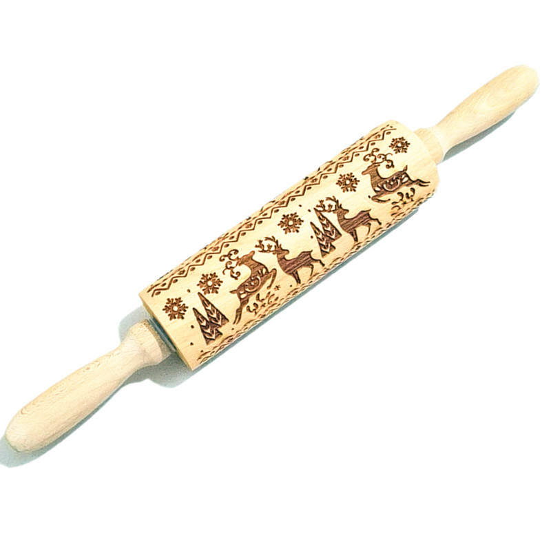 Madera Rolling pin haya grabado láser impresión Rolling pin relieve Rolling pin cuero Navidad fondant galleta presionando palo