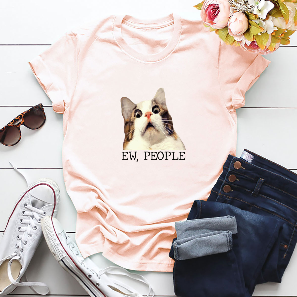 cómoda camiseta casual de manga corta de algodón puro con gato NSSN1457