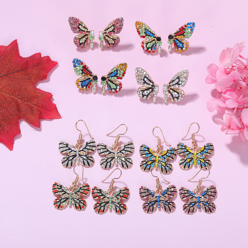 Color Diamond Butterfly Earrings Color Insect Exaggerated Ear Hook Multi-color Super Flash Full Diamond Earrings Wholesale Nihaojewelry display picture 17