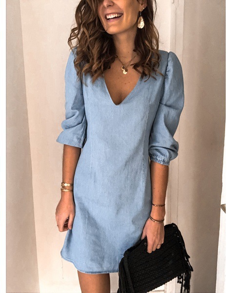 autumn new deep V neck sexy solid color all-match casual dress NSYF828