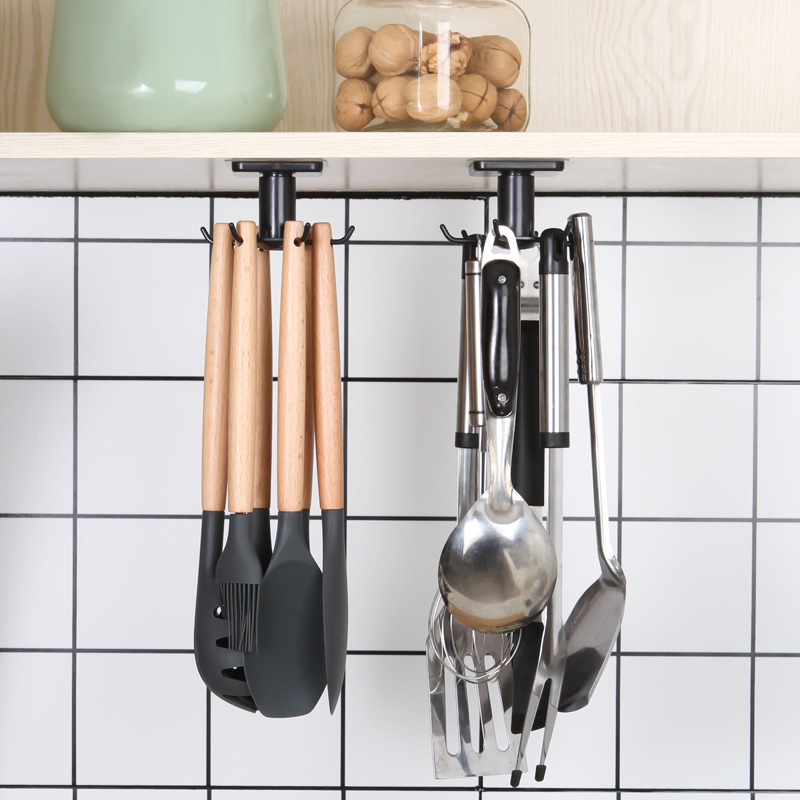 廚房可旋轉收納挂鈎鍋鏟勺子廚具四爪頂鈎強力粘膠壁挂櫥櫃下挂架