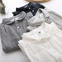 日系女装双层棉纱短袖格子衬衫女春秋