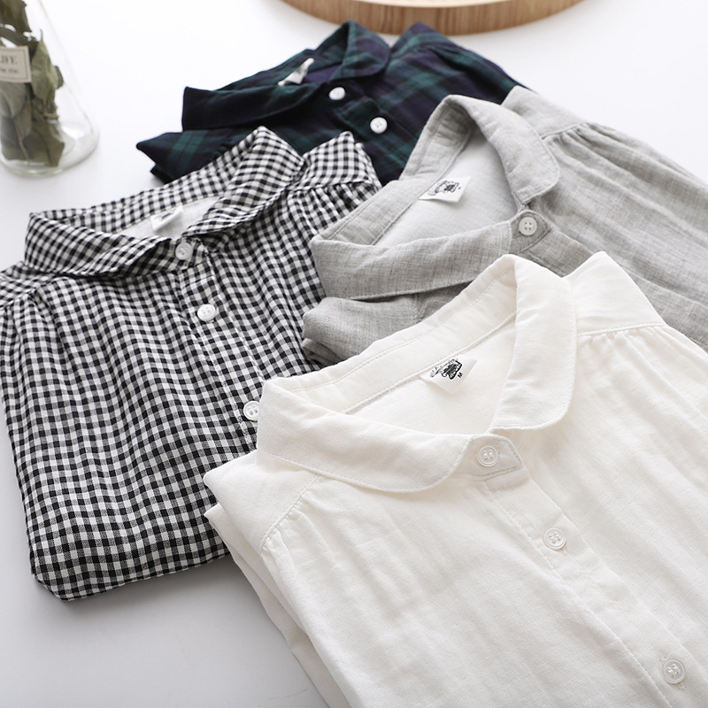 日系女装双层棉纱短袖格子衬衫女春秋