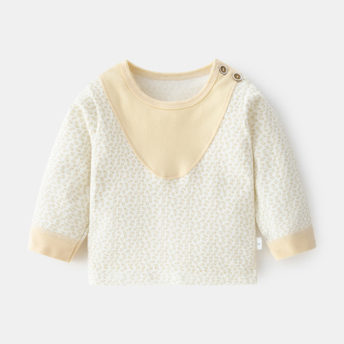 Baby pure cotton single-layer autumn and winter T-shirt patchwork cotton and wool 03 years old infant children spring and autumn shoulder opening base shirt children's clothing