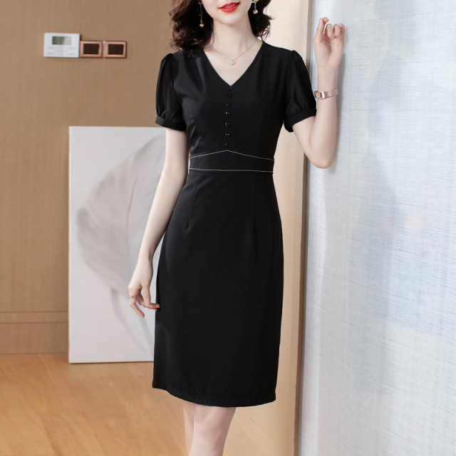 Fashionable new style V-neck waistband and thin temperament dress small black skirt