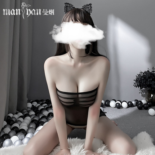 Manyan sexy lingerie sexy striped see-through bra and hip tight mesh jumpsuit sexy stockings 7966