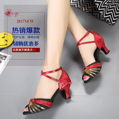 Women's Latin Dance Shoes, Adult Medium Heel High Heel Square Dance Shoes, Soft Sole Low Heel Summer Sandals, New Model