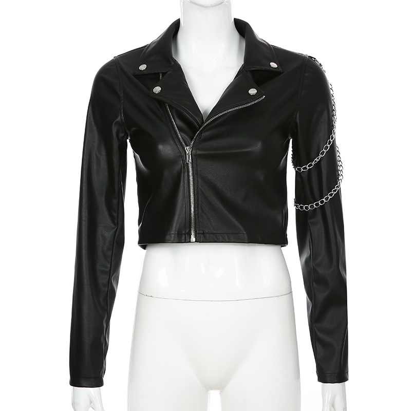 Chain Leather Jacket Women's short slim Pu small jacket motorcycle leather jacket fashion arm chain leather jacket