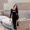 Crew neck cut out low cut slim cut A-line dress party dress long sleeve dress