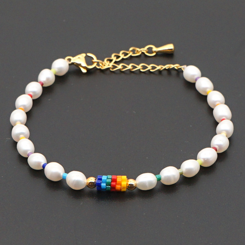 Niche De Mode Baroque Perle D&#39;eau Douce Naturelle Arc-en-ciel Sauvage Importé Bracelet De Perles De Riz Miyuki display picture 8