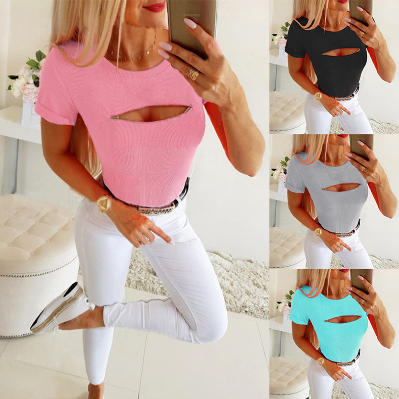 new summer women s sexy zipper short-sleeved slim T-shirt  NSKX6064