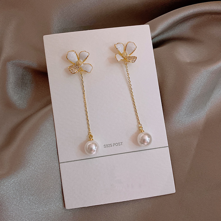 White Flower Drop Oil Diamond Long Pearl 925 Silver Needle Fashion Korean Alloy Earrings display picture 2