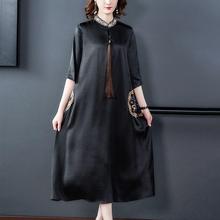 高品质遮肚年轻妈妈夏宽松刺绣花真丝连衣裙立领A字裙中老年女装