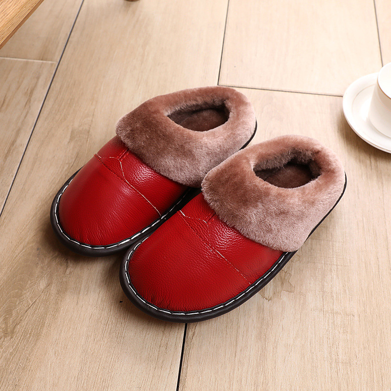 冬款牛皮男女士包头冬季家居情侣防水糖果色彩棉拖鞋|ru