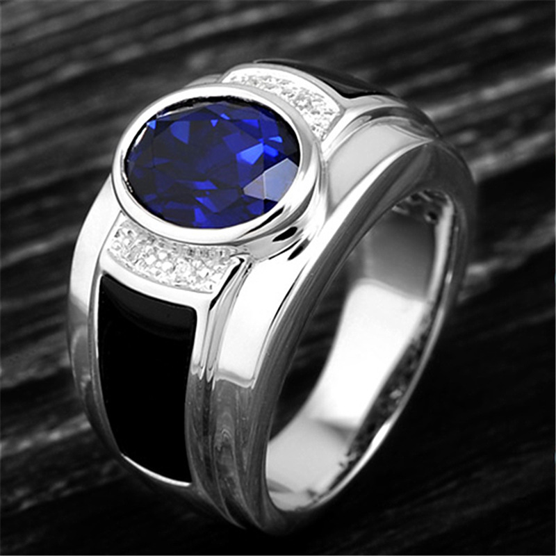 Luxury Men's Platinum Plated Ring With Sapphire And Black Onyx_voghion.com